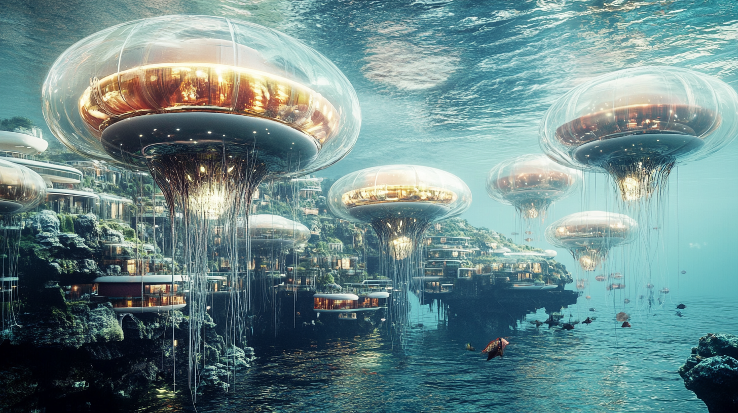 Illustration générée par IA représentant une colonie océanique futuriste. Les habitats flottants, semblables à des méduses, suggèrent des modes de vie innovants sur et sous l’eau, à travers différents paysages marins imaginaires.